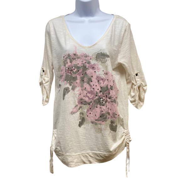 DKNY JEANS White Pink Floral Roll Tab Sleeves Cinched Side Tunic Top M - Picture 1 of 8